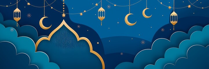 Naklejka premium Mesmerizing Ramadan Background with Deep Blue Gradient Islamic Ornaments Golden Lanterns Soft Glowing Crescent Moon Enhancing Sacred Atmosphere of the Holy Month with Elegant Minimalistic Decorations
