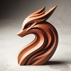 A beautifully crafted wooden sculpture of a fox with elegant, flowing curves and intricate details, showcasing artistic craftsmanship