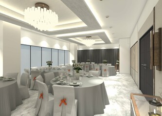 Luxurious 3D hotel restaurant dining room interior design featuring dining table sets, decorative lighting, and varied wall panels.