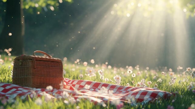 Picnic Basket in Meadow with Flowers and Sunlight