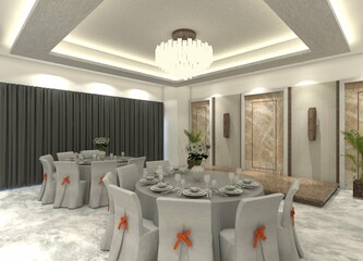 3D interior design presents a lavish dining area within a luxury hotel restaurant.