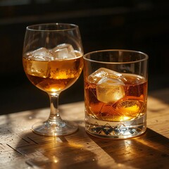 A gold liquid of cognac and brandy, similar to whiskey or scotch, with ice rocks in a glass for a cold alcoholic beverage at a bar