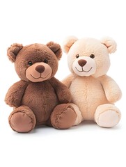 Two plush teddy bears, one brown and one beige, sitting side-by-side  Soft, cuddly, and friendly expressions