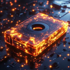 Glowing Orange Cassette Tape Unraveling on Dark Background