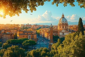 Naklejka premium Beautiful rome cityscape with basilica dome and warm golden sunlight