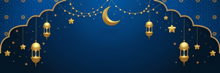 Naklejka premium Mesmerizing Ramadan Background with Deep Blue Gradient Islamic Ornaments Golden Lanterns Soft Glowing Crescent Moon Enhancing Sacred Atmosphere of the Holy Month with Elegant Minimalistic Decorations