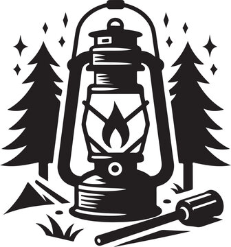 black lantern camping scene with trees clip art preview