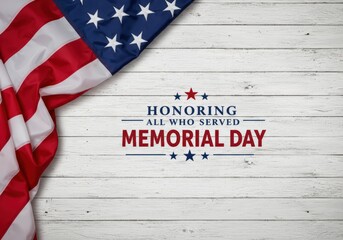A patriotic image of an american flag and memorial day graphic on a wood background.