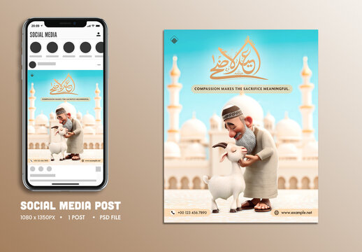 Eid Al-Adha Mubarak Editable Social Media Post with Arabic Calligraphy, 3D Illustration Old Muslim Man and Goat in Front of Mosque.