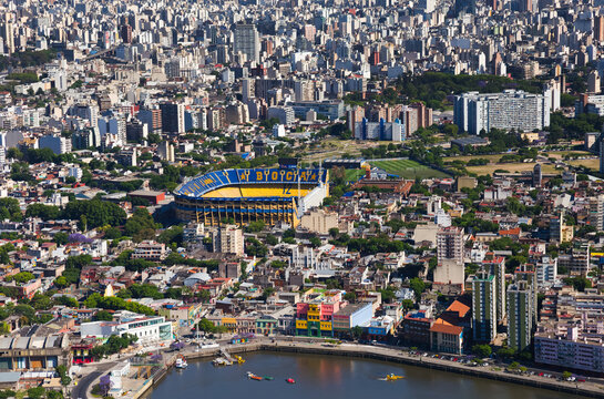 Buenos Aires, Argentina - November 14, 2017: Aerial view of the neighborhood of La Boca in Buenos Aires, next to the football stadium of Boca Juniors called "La Bombonera", a professional sport club.