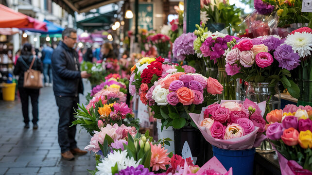 Vendor fans out bouquets for display - Powered by Adobe