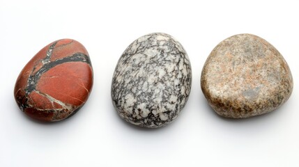 Fototapeta premium Three Unique Stones on White Background Red, Black, and Gray Variations