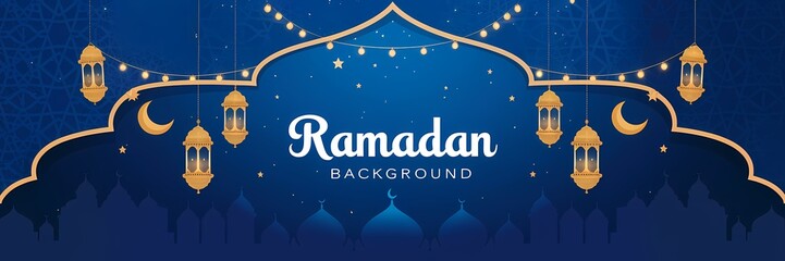 Naklejka premium Mesmerizing Ramadan Background with Deep Blue Gradient Islamic Ornaments Golden Lanterns Soft Glowing Crescent Moon Enhancing Sacred Atmosphere of the Holy Month with Elegant Minimalistic Decorations
