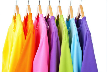row of colorful shirts hanging on a rack