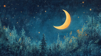 Serene night scene with crescent moon shining over detailed forest silhouette under starry sky in tranquil natural landscape artwork
