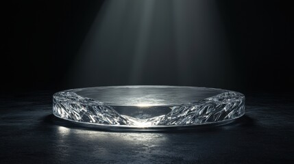 A polished crystal podium with a simple, smooth surface, softly glowing under a spotlight, placed against a black backdrop 
