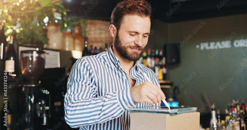 Poster coffee shop, pen and man on tablet with boxes in cafe for menu items, inventory and online order. re