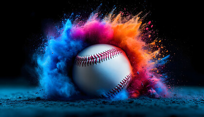 baseball in explosion of colored neon powder isolated on black background generative ai