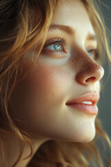 Young woman smiling with sunlight behind her in a warm, golden glow