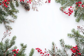 A snowy evergreen border with red berries and a pine cone surrounds a white background