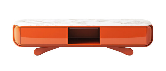 Contemporary orange media console with marble top for stylish living room decor