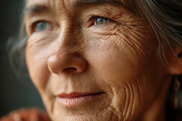 Fototapeta premium Close-up of a mature woman's face highlighting wisdom and life experiences in natural light
