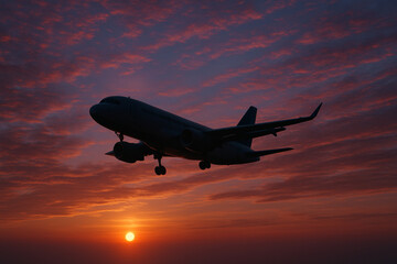 High-resolution photo of a twin-engine airliner flying through a vibrant sunset sky. The plane appears in silhouette against dramatic clouds painted in shades of red, orange, and purple create with ai