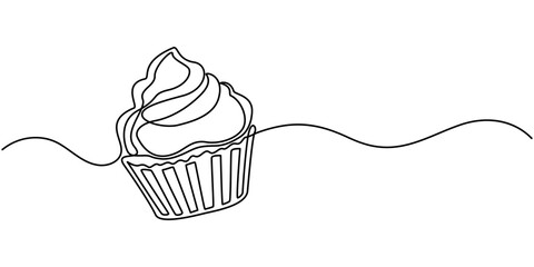 Continuous Line Drawing of Cupcake Icon. Hand Drawn Symbol Vector Illustration, one line drawing of cheesecake with cherries. Hand drawn piece of cake, one continuous line drawing of pie cake,