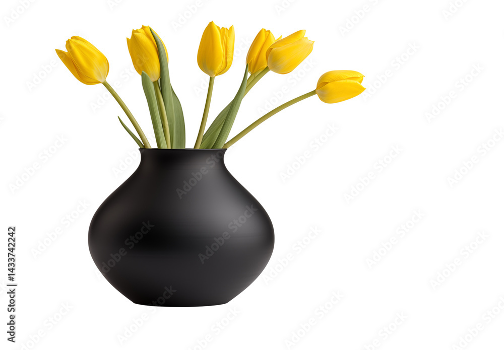 Poster Yellow tulips in a black vase against a transparent background creating a simple and elegant image png