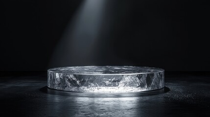 A polished crystal podium with a simple, smooth surface, softly glowing under a spotlight, placed against a black backdrop 