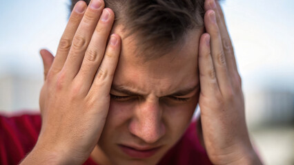 Fototapeta premium Experiencing stress, young man covers his ears with his hands, showing signs of discomfort and frustration