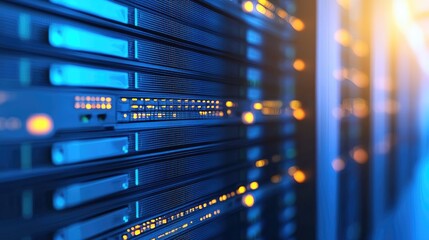 Detailed close-up of glowing blue and amber server lights, ideal for illustrating modern network systems, cloud computing, and data technology in tech-focused media