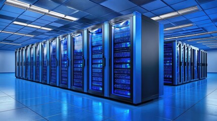 Modern server room with blue tones and glowing data racks, perfect for tech ads, IT services, cloud solutions, and cybersecurity content with clean space for overlay text