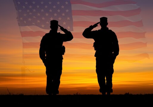 Silhouetted soldiers saluting in front of the american flag during the sunset.