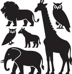 African Wildlife Silhouette Collection Lion, Giraffe, Elephant, Owl, and Zebra