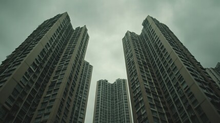 Fototapeta premium City towers, overcast sky, low angle, urban landscape, architecture