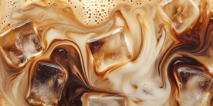 a refreshing iced coffee, a macro and full-frame texture shot, close-up texture, top view