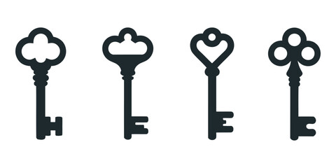 Set of black silhouettes of door keys. Key icon set. Vintage key antique door key isolated on white background, Key Icon Vector Design on White Background, Key Silhouettes, Key icon set. Antique key.