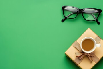 A cup of coffee on a wrapped gift box with glasses on a green background