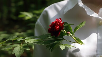 Red peony pinned on white shirt collar, symbolizing youthful energy in spring.
