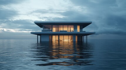 Serene architectural marvel: A modern house suspended above tranquil waterscape