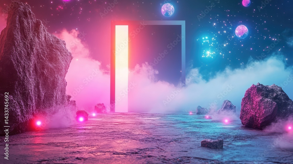 Poster abstract 3d futuristic frame with blue and pink lights layered on dark structure