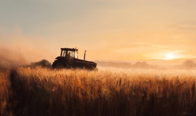 Fototapeta premium A tractor drives through a field at sunset over the crops.