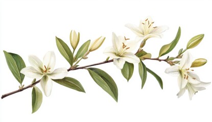Obraz premium White Blossoms and Green Leaves on Branch