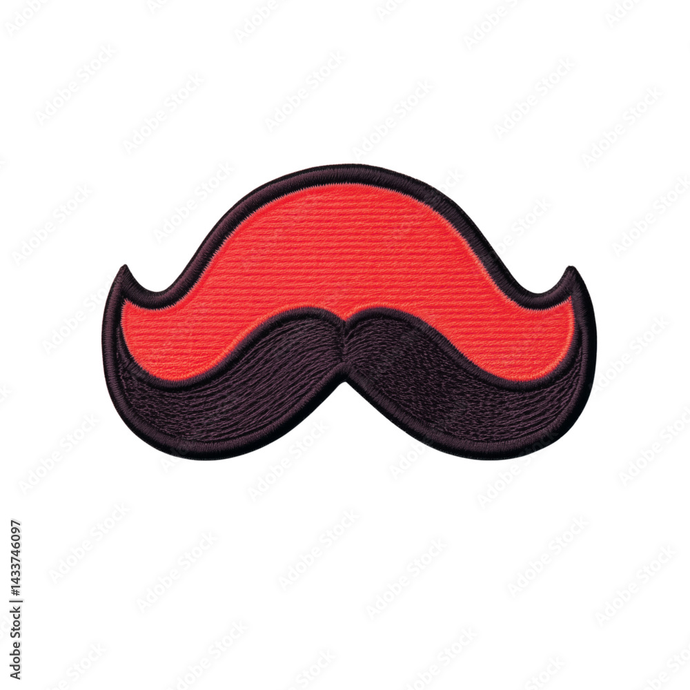 Poster a red and black mustache patch with a white stitched border on a transparent background image view p
