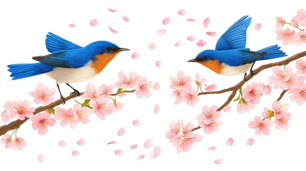 Two vibrant bluebirds amidst a blossoming cherry branch.
