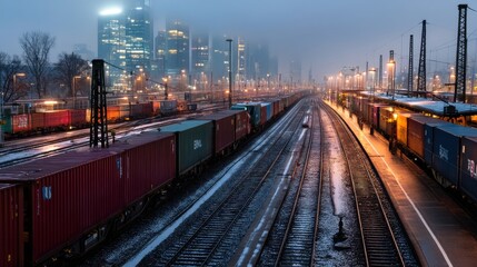 Obraz premium Freight Train Yard with Cityscape at Night