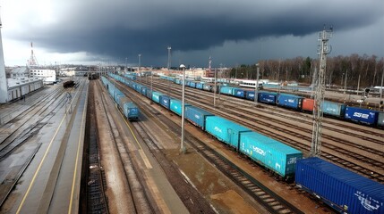 Obraz premium Freight Train Yard with Cargo Containers and Overcast Sky