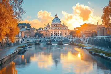 Fototapeta premium St peters basilica at sunset over tiber river in rome italy