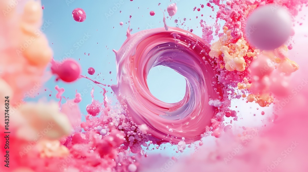 Poster abstract paint vortex twisting in space, dynamic liquid shape captured mid-motion, 3d style